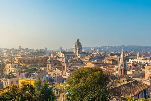 Roma şehrinin hava manzarası, gündoğumunda yumuşak güneş ışığı altındaki tarihi kubbeler ve binalarla İtalya 'nın Pincian Tepesi' nden izleniyor. Avrupa 'da popüler seyahat ve turistik durak.