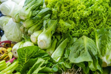 Tayland 'ın Phuket kentindeki bir markette sergilenen taze yeşil sebzeler, marul ve lahana. Tayland pazarı, mutfak kültürü, organik tarım..