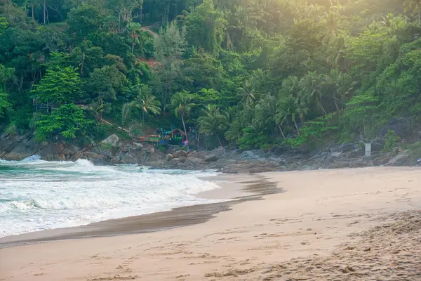 Tayland 'da Phuket Adası' nda kimsesiz özgürlük plajı. Yumuşak dalgalı tropik sahil, yemyeşil orman ve gün doğumunda Tayland 'ın Phuket Adası' ndaki kayalık sahil şeridi. Popüler yaz ve kış tatili