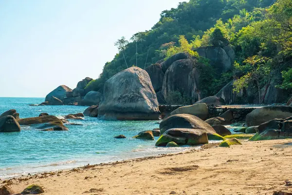 Turkuaz su okyanusuyla tropik kumlu sahil, yemyeşil kayalık kıyı şeridi ve berrak mavi gökyüzü altında deniz kenarındaki villalar. Tayland 'daki Koh Samui adasındaki Crystal Bay kumlu plajı. Yaz tatili