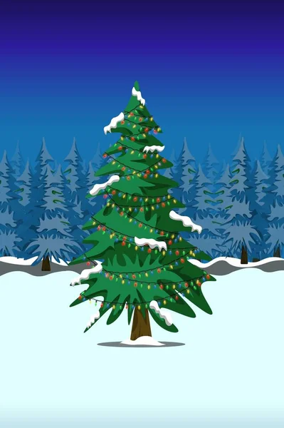Різдвяний Ялинковий Зимовий Ліс Вночі Різдвяна Листівка Барвисті Векторні Ілюстрації — стоковий вектор
