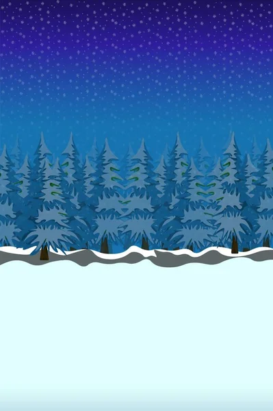 Открытка Зимний Лес Деревьями Ночью Пейзаж Заснеженными Деревьями Красочная Векторная — стоковый вектор