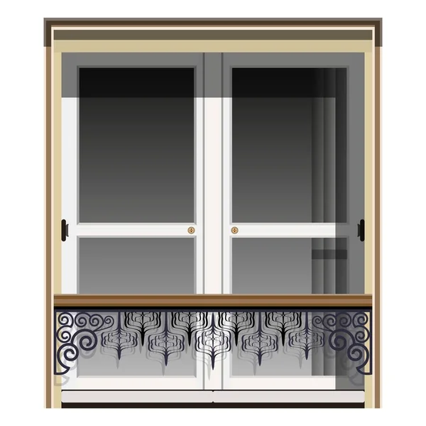 鍛造手すりと窓 小さな窓のある木製のドア 大理石の建物のファサード 白を基調としたカラフルなベクトルイラスト — ストックベクタ