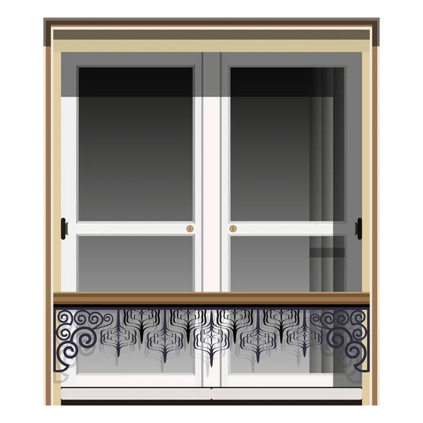 鍛造手すりと窓 小さな窓のある木製のドア 大理石の建物のファサード 白を基調としたカラフルなイラスト — ストック写真
