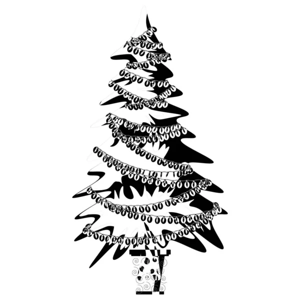 圣诞树在壶中的轮廓 花环和球 圣诞节贺卡 关于白色背景的说明 — 图库照片
