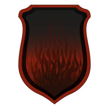 Alevli kalkan gerçekçi bir şekilde. Simge şablonu. Logo tasarımı. Beyaz arkaplanda renkli bir illüstrasyon.