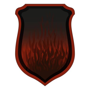 Alevli kalkan gerçekçi bir şekilde. Simge şablonu. Logo tasarımı. Beyaz arkaplanda renkli vektör illüstrasyonu.