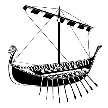 Drakkar. Viking Kürek Gemisi ana hatlarıyla. Norman gemisi kalkıyor. Resimler beyaz arkaplanda izole edildi.