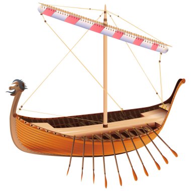 Viking İskandinav draccar 'ı gerçekçi bir şekilde. Norman gemisi kalkıyor. Beyaz arkaplanda izole edilmiş renkli illüstrasyon.
