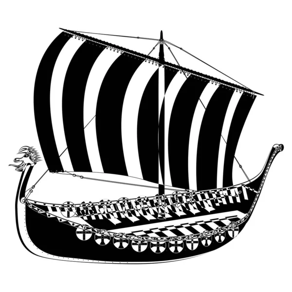 Viking scandinavian draccar in outline style. Norman ship sailing. Illustration isolated on white background.