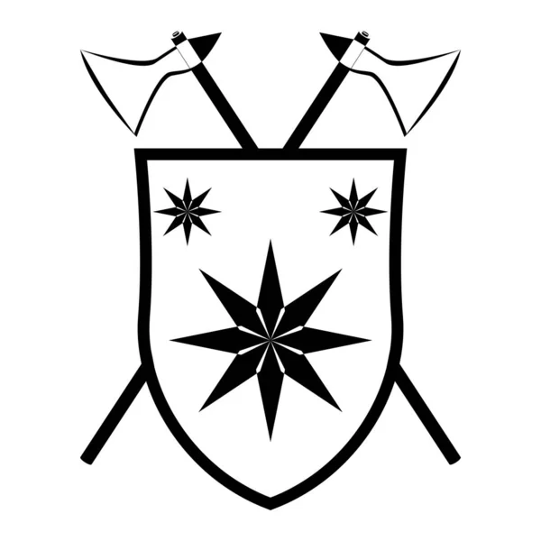 紋章の盾は斧の紋章を横切る 中世の紋章と騎士の紋章 白地に隔離された概要図 — ストック写真