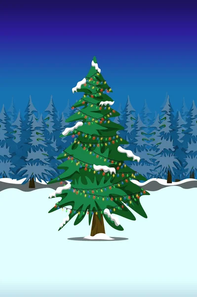 Χριστουγεννιάτικο Δέντρο Στο Χειμερινό Δάσος Νύχτα Χριστουγεννιάτικη Ευχετήρια Κάρτα Πολύχρωμη — Φωτογραφία Αρχείου