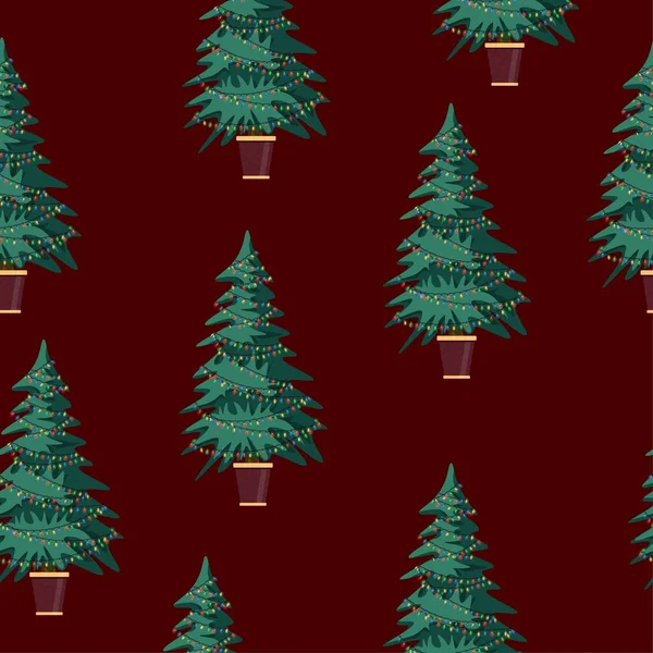 红底上的盆栽圣诞树无缝图案 五彩缤纷的例证 — 图库照片