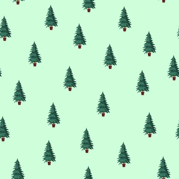 Рождественская Елка Бесшовный Узор Зеленом Фоне Разноцветная Векторная Иллюстрация — стоковый вектор