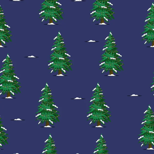 圣诞树的蓝色背景上覆盖着雪的无缝图案 彩色矢量说明 — 图库矢量图片