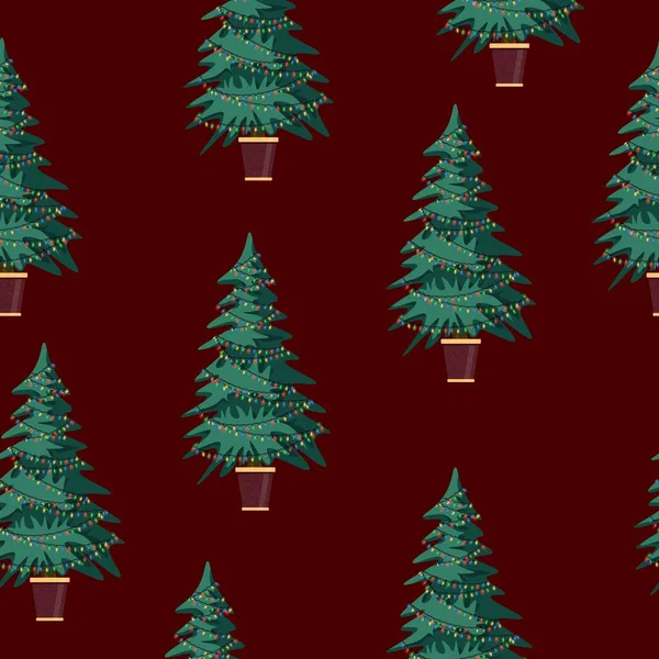 Patrón Sin Costura Del Árbol Navidad Maceta Sobre Fondo Rojo — Vector de stock