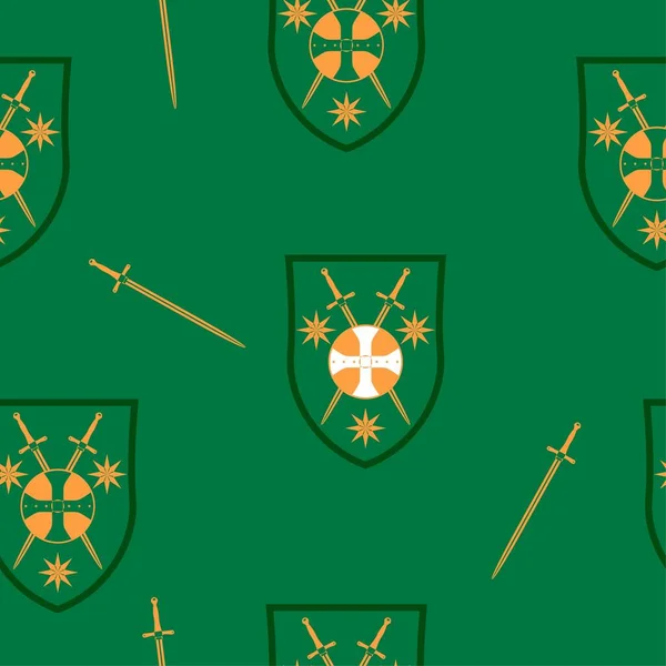 戦闘剣と中世の盾 シームレスなパターン 武器の質感 バイキングの飾りだ 印刷可能なデザイン 壁紙の要素 ランダム正方形のパターン — ストック写真