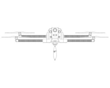 Bomba Boyama Defterli Askeri Drone. Füze saldırıyor. Hava roketi, beyaz arkaplanda izole edilmiş renkli vektör çizimi.