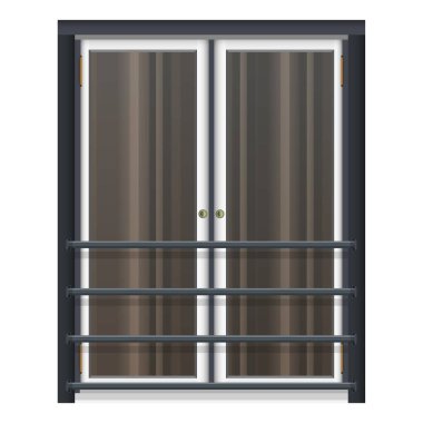 French Window with metal railings in realistic style. White doors with large windows. Building facade. Colorful vector illustration isolated on white background.