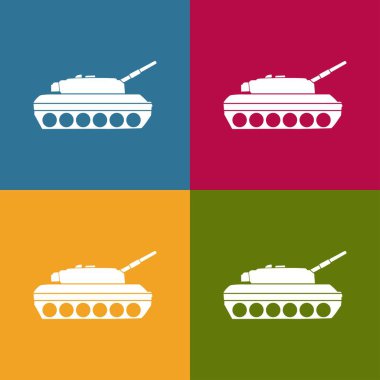 Kusursuz Pop sanat deseni. Beyaz Askeri Tank. Savaş aracıyla arka plan. Gri arkaplanda izole edilmiş renkli resimleme.