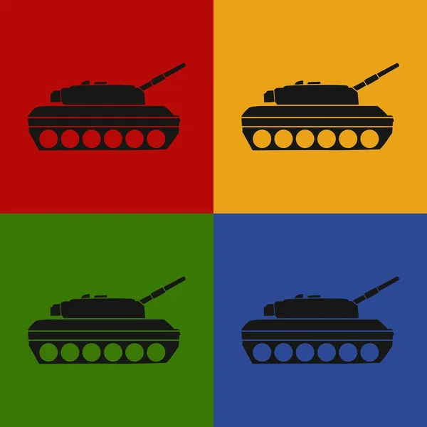 无缝隙流行艺术模式 黑色军用坦克 用战斗车做后援在灰色背景上孤立的彩色插图 — 图库照片