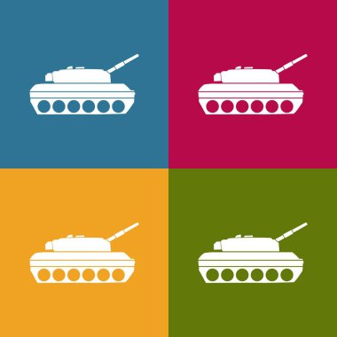 Kusursuz Pop sanat deseni. Beyaz Askeri Tank. Savaş aracıyla arka plan. Gri arkaplanda renkli vektör çizimi izole edildi.