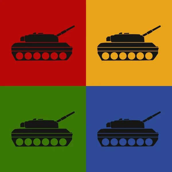 无缝隙流行艺术模式 黑色军用坦克 用战斗车做后援灰色背景中孤立的彩色矢量图 — 图库矢量图片