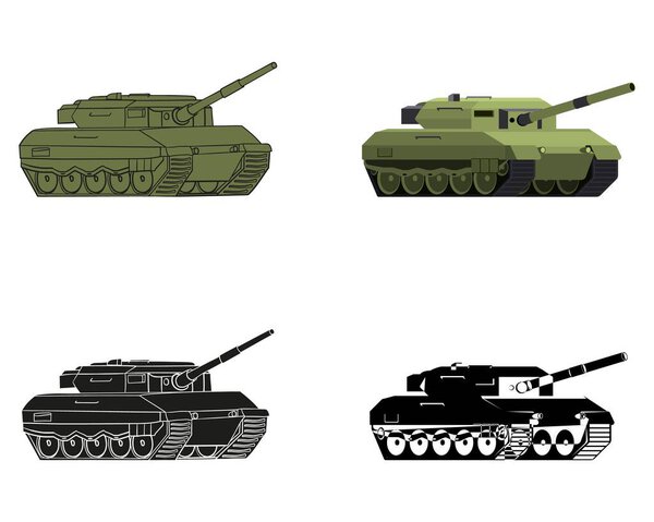 Set of main battle tank. German military vehicle Leopard 2. Vector illustration isolated on white background.