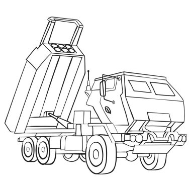 HIMARS Doodle doldurma rengi. M142 Yüksek Hareketli Roket Sistemi. Taktik kamyonu. Resimler beyaz arkaplanda izole edildi.