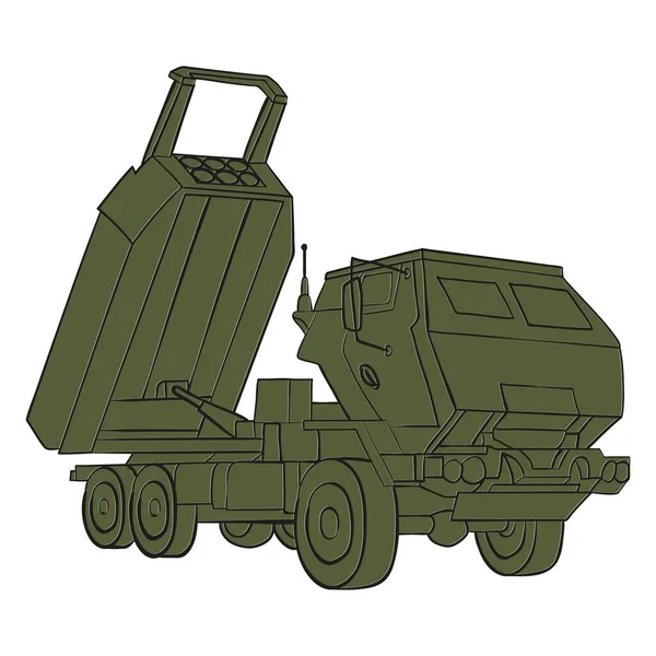 Himars色の落書きのアウトライン M142高機動砲兵ロケットシステム 戦術トラックだ 白を基調としたカラフルなベクトルイラスト — ストックベクタ