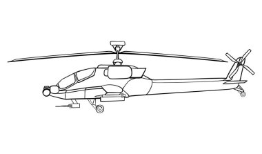 Askeri helikopter hattı sanatı. Boeing AH-64 Apaçi uçağı. Karalama yan görünümü. Vektör illüstrasyonu beyaz arkaplanda izole edildi.