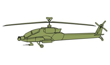 Askeri helikopter taslağı. Boeing AH-64 Apaçi uçağı. Karalama yan görünümü. Beyaz arkaplanda izole edilmiş renkli vektör illüstrasyonu.
