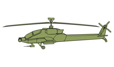 Askeri helikopter taslağı. Boeing AH-64 Apaçi uçağı. Karalama yan görünümü. Beyaz arkaplanda izole edilmiş renkli illüstrasyon.
