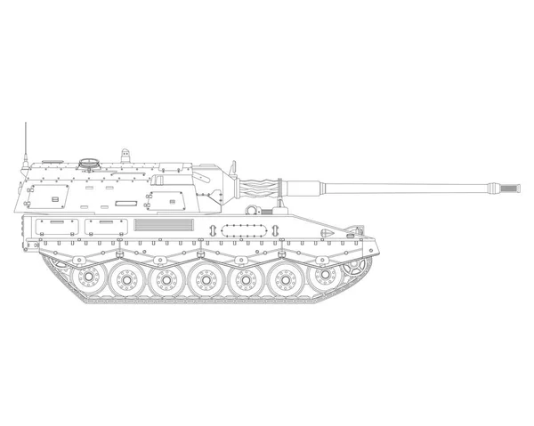 自动推进榴弹炮的线条艺术 德国155毫米Panzerhaubitze 2000 军用装甲车 在白色背景上孤立的详细说明 — 图库照片