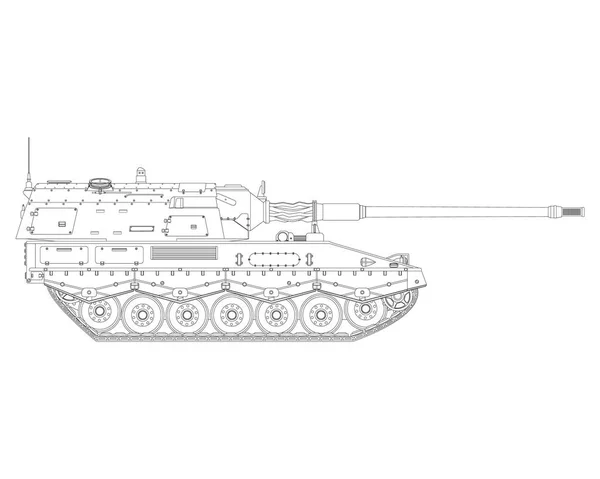 自动推进榴弹炮的线条艺术 德国155毫米Panzerhaubitze 2000 军用装甲车 在白色背景上孤立的详细矢量说明 — 图库矢量图片