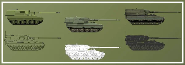火炮系统Set 自行榴弹炮 德国155毫米Panzerhaubitze 2000 军用装甲车 在白色背景上孤立的详细的彩色插图 — 图库照片