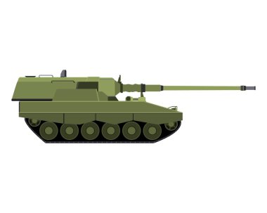 Kendi kendine hareket eden bir havan topu. Alman 155 mm Panzerhaubitze 2000. Askeri zırhlı araç. Beyaz arkaplanda izole edilmiş renkli vektör illüstrasyonu.