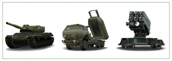 Vojenská Vozidla Set Himars Hlavní Bojový Tank Systém Protivzdušné Obrany — Stockový vektor