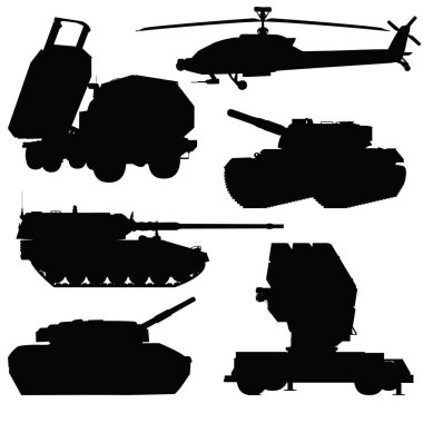Askeri araçlar siluet seti. HIMARS, Savaş Tankı, Hava Savunma Sistemi. Helikopter Apache 'si. Oto itişli havan topu. Vektör illüstrasyonu beyaz arkaplanda izole edildi.