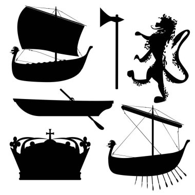 Vikinglerin silueti hazır. Crown, Balta, Gemi, Aslan Teknesi. Resimler beyaz arkaplanda izole edildi.