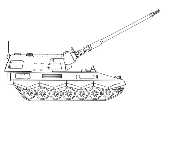 军用装甲车的涂鸦 自行榴弹炮 升起的枪管在白色背景上孤立的说明 — 图库照片