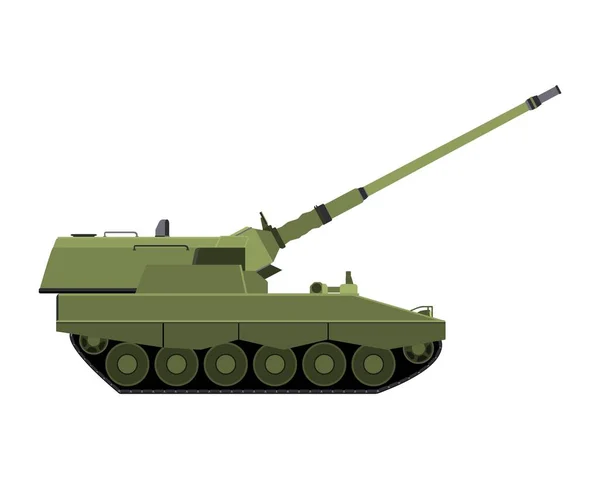 自走式榴弹炮 平板式 升起的枪管军用装甲车 在白色背景上孤立的彩色矢量图 — 图库矢量图片