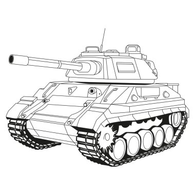 Ana savaş tankı Doodle. Boyama sayfası. Zırhlı savaş aracı. Özel askeri nakliye. Ayrıntılı illüstrasyon beyaz arkaplanda izole edildi.