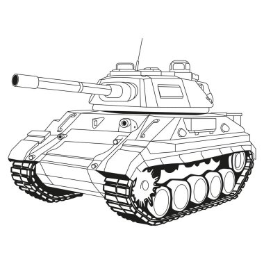 Ana savaş tankı Doodle. Boyama sayfası. Zırhlı savaş aracı. Özel askeri nakliye. Ayrıntılı vektör çizimi beyaz arkaplanda izole edildi.
