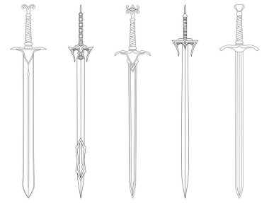 Kılıç hattı sanat seti. Eski Uzun Kılıç. Kılıç. Bıçak Dövmesi. Resimler beyaz arkaplanda izole edildi.
