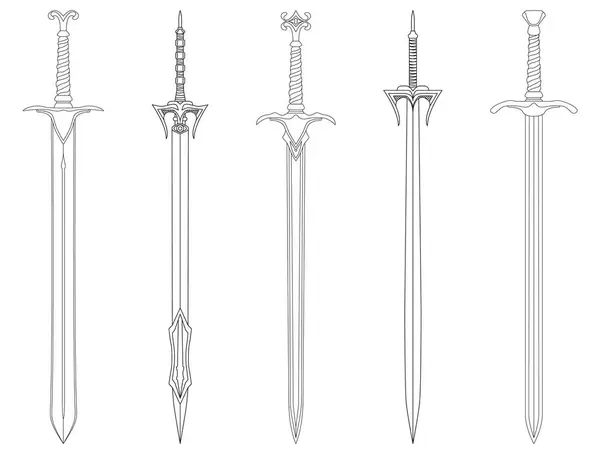 Sword Line Art Set Ancienne Longsword Sabre Tatouage Lame Illustration — Image vectorielle
