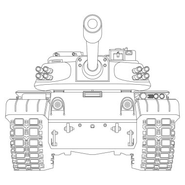 Ana savaş tankının ön görüntüsü. Boyama sayfası. Ukrayna ordusu. Savaş çatışması. Gerçekçi askeri araç. Vektör illüstrasyonu beyaz arkaplanda izole edildi.