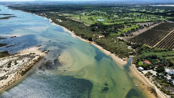 stock image Drone shot over Cacela Velha beach, Algarve. High quality photo take from the skies during the summer.