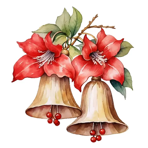 Suluboya Noel çanları. Elle boyanmış Noel ağacı, çiçeklerle. Tebrik kartı, baskı ve diğer tasarım için yeni yıl illüstrasyonu.