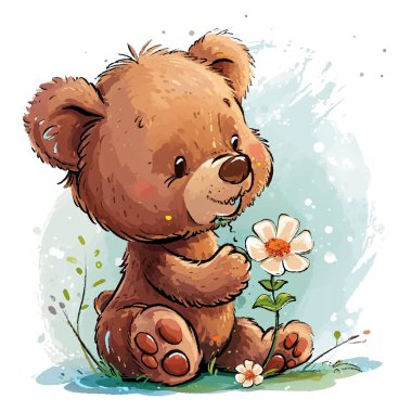 Çiçeklerle oturan sevimli bir ayının çizimi.